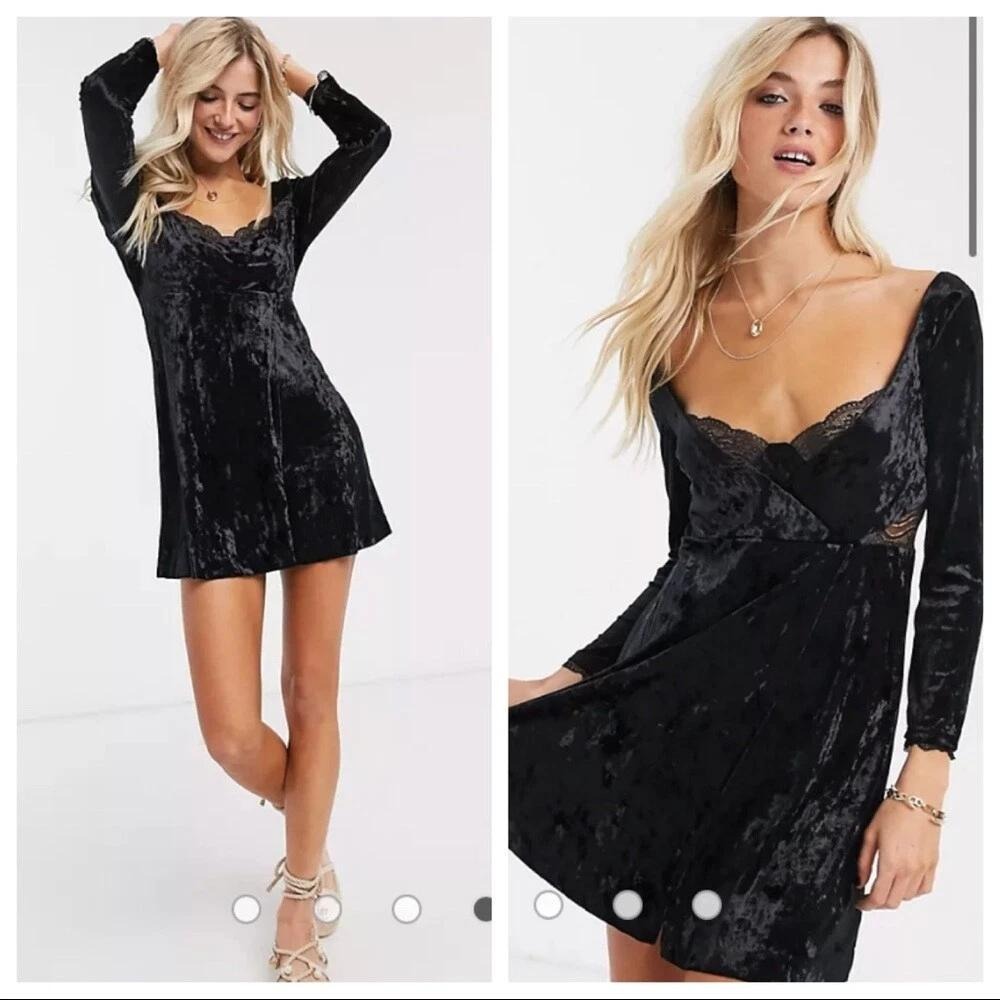 Free People Kat Velvet Black Open Back Lace Trim Witchy Mini Dress Sz S